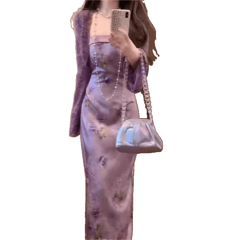 Двоен комплект за лято: дълъг ръкав кардиган и рокля вдъхновена от китайски стил, лято 2025, урбан стил костюм с пола