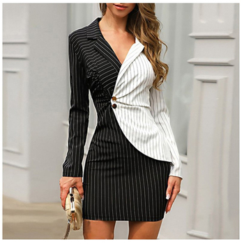 Sieviešu profesionāla kostīmskleita ar svītru kontrastu, šaurs siluets, garas piedurknes, kokvilnas maisījuma audums (71–80% poliesters), biroja stils, Autumn 2021