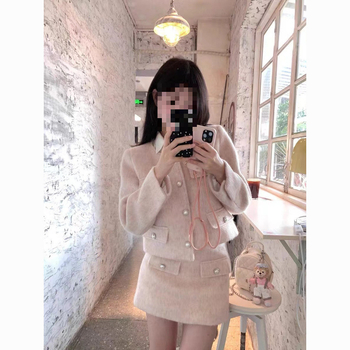 Комплект от две части: палто от вълна и пола с висока талия, плетена изработка, полиестер 95%+, зима 2024