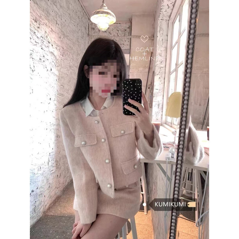 Комплект от две части: палто от вълна и пола с висока талия, плетена изработка, полиестер 95%+, зима 2024