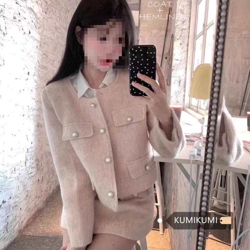 Комплект от две части: палто от вълна и пола с висока талия, плетена изработка, полиестер 95%+, зима 2024