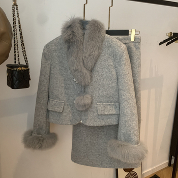 Пухено яке и двучастков костюм със дълга пола, полиестерна материя, зима 2024