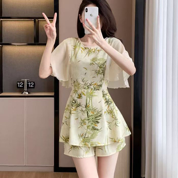 Двоен комплект: шифон рокля и пантова част със флорален принт, полиестров, 3/4 ръкав, летен стил, 2025