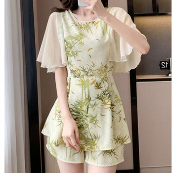 Двоен комплект: шифон рокля и пантова част със флорален принт, полиестров, 3/4 ръкав, летен стил, 2025