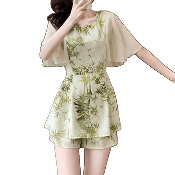 Двоен комплект: шифон рокля и пантова част със флорален принт, полиестров, 3/4 ръкав, летен стил, 2025