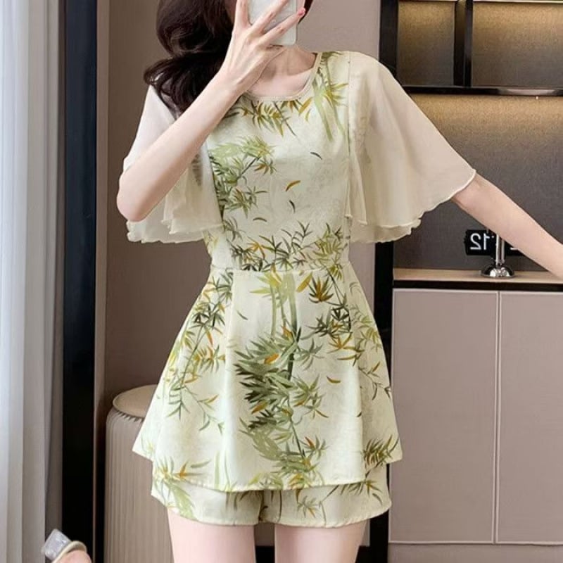 Двоен комплект: шифон рокля и пантова част със флорален принт, полиестров, 3/4 ръкав, летен стил, 2025