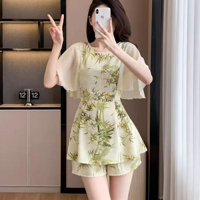 Двоен комплект: шифон рокля и пантова част със флорален принт, полиестров, 3/4 ръкав, летен стил, 2025