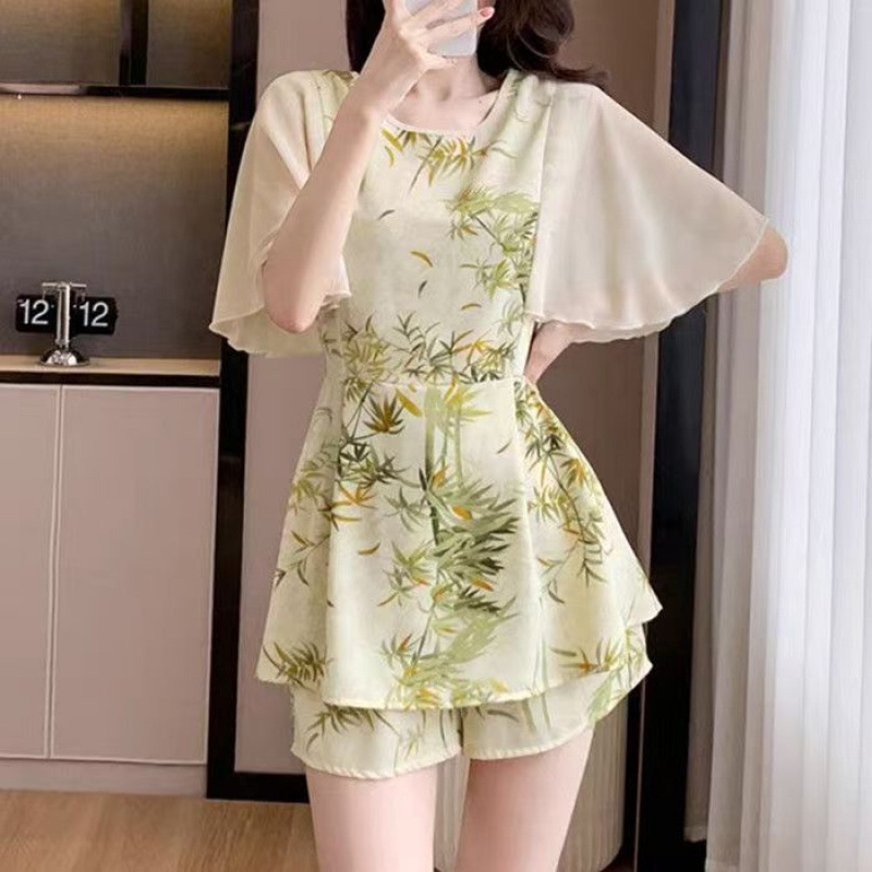 Двоен комплект: шифон рокля и пантова част със флорален принт, полиестров, 3/4 ръкав, летен стил, 2025