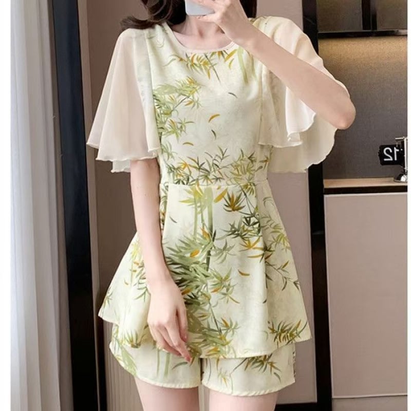 Двоен комплект: шифон рокля и пантова част със флорален принт, полиестров, 3/4 ръкав, летен стил, 2025