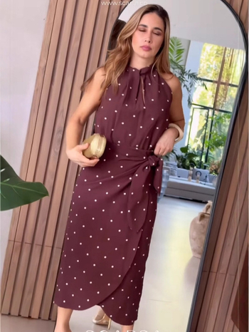 Костюм с пола с точков принт, елегантен топ, дълга пола, полиестер