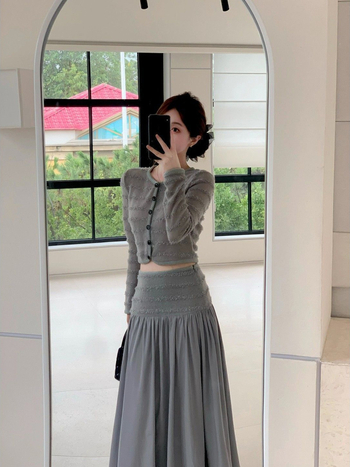 Двусъставен есенен плетен комплект: кардиган топ + дълга пола с висока талия, плетена тъкан