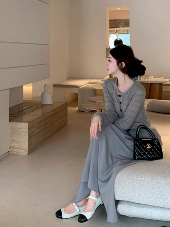 Двусъставен есенен плетен комплект: кардиган топ + дълга пола с висока талия, плетена тъкан