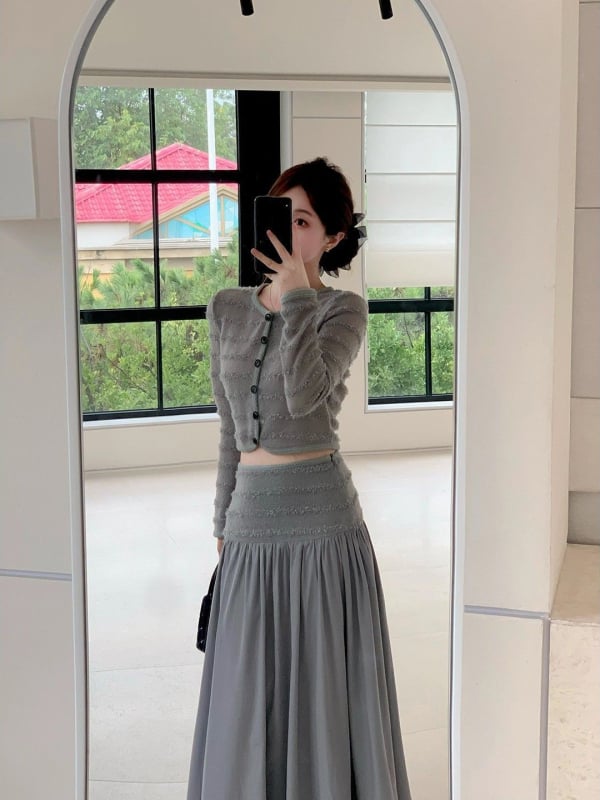 Двусъставен есенен плетен комплект: кардиган топ + дълга пола с висока талия, плетена тъкан