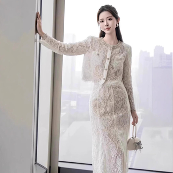 Čipkasti kardigan top i kostim sa suknjom, midi dužine, proljeće 2025, čipka, poliester, dugi rukavi