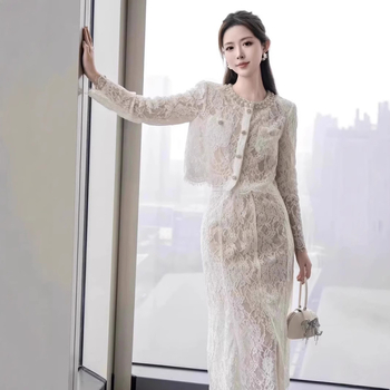 Čipkasti kardigan top i kostim sa suknjom, midi dužine, proljeće 2025, čipka, poliester, dugi rukavi