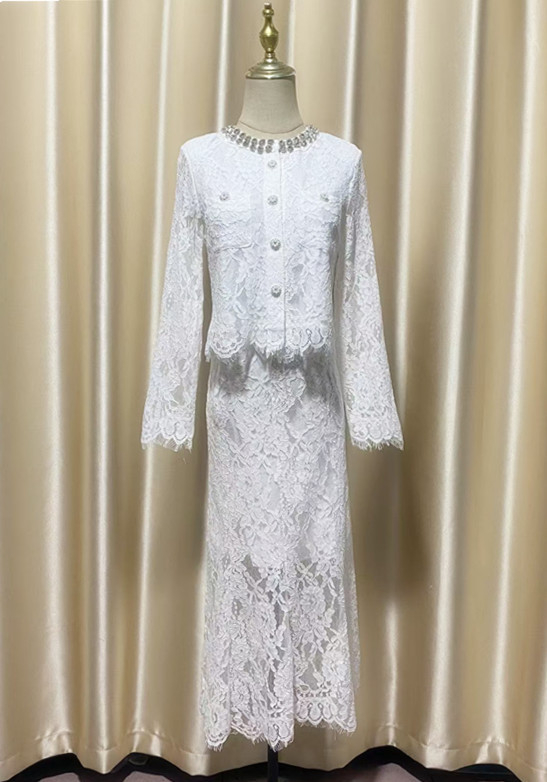Čipkasti kardigan top i kostim sa suknjom, midi dužine, proljeće 2025, čipka, poliester, dugi rukavi