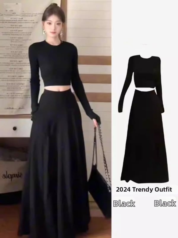 Полиестер-еластан еднотонна дамска костюм-рокля с дълъг ръкав, есен 2024, елегантен градски стил