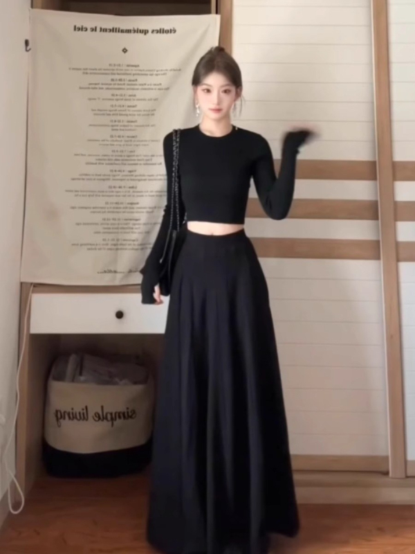 Полиестер-еластан еднотонна дамска костюм-рокля с дълъг ръкав, есен 2024, елегантен градски стил