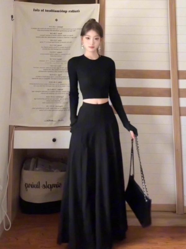 Полиестер-еластан еднотонна дамска костюм-рокля с дълъг ръкав, есен 2024, елегантен градски стил