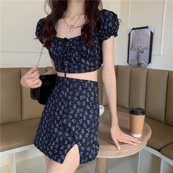 Костюм със пола: флорален принт, къса пола, полиестър, елегантен стил, ръкав 3/4