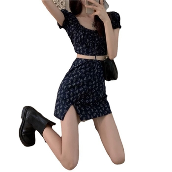 Костюм със пола: флорален принт, къса пола, полиестър, елегантен стил, ръкав 3/4