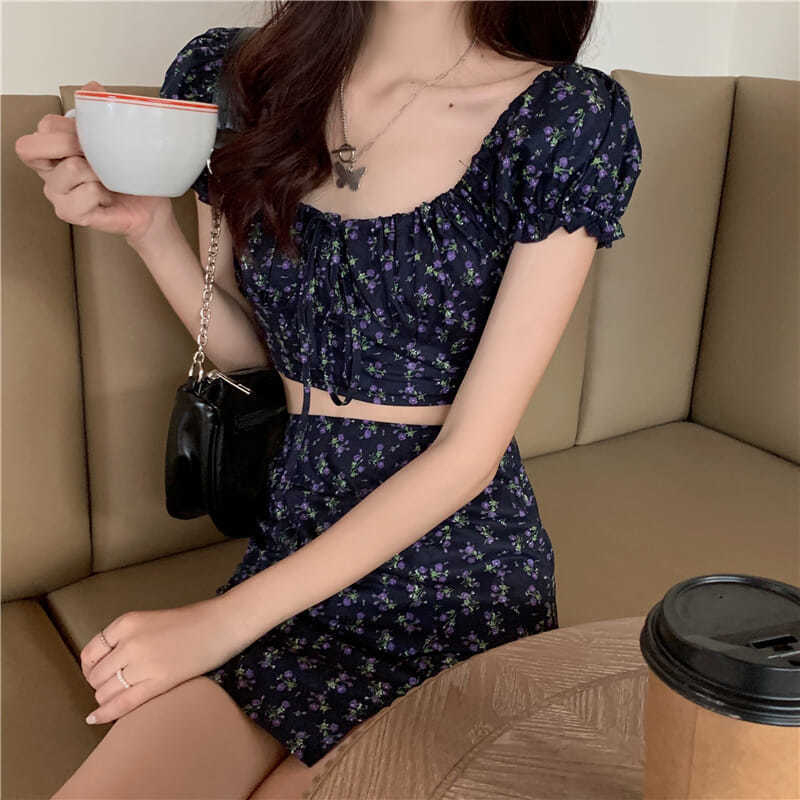 Костюм със пола: флорален принт, къса пола, полиестър, елегантен стил, ръкав 3/4