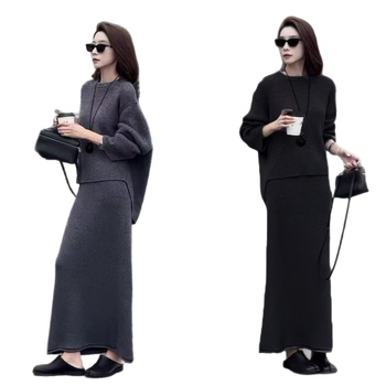 Korejski stil ženski casual pleteni komplet — elegantan kostim s puloverom i dugom suknjom, jednobojni uzorak, jesen 2025, Core Yarn tkanina, Spandex