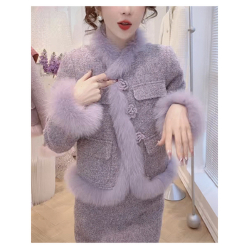 Костюм с пола с 3D модел, дълга пола, летящи ръкави, вълнен плат, зима 2024