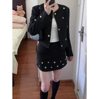Костюм с пола и жакет за дами, елегантен градски стил, акрилно влакно, диамантена шарка, пролет 2025