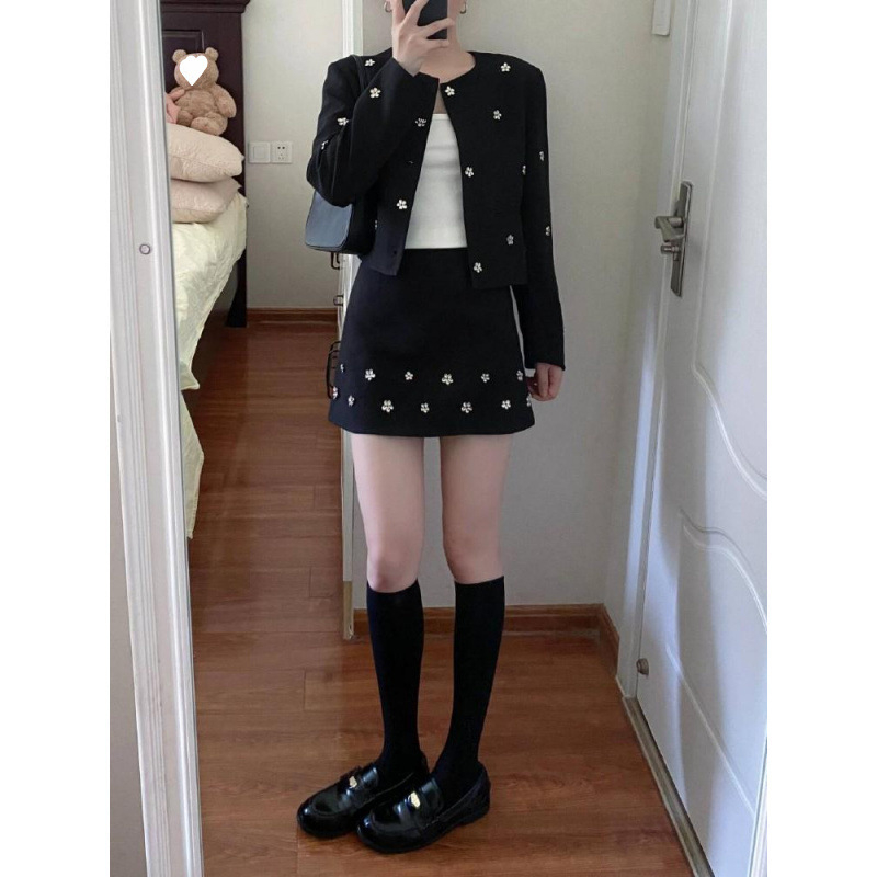 Костюм с пола и жакет за дами, елегантен градски стил, акрилно влакно, диамантена шарка, пролет 2025