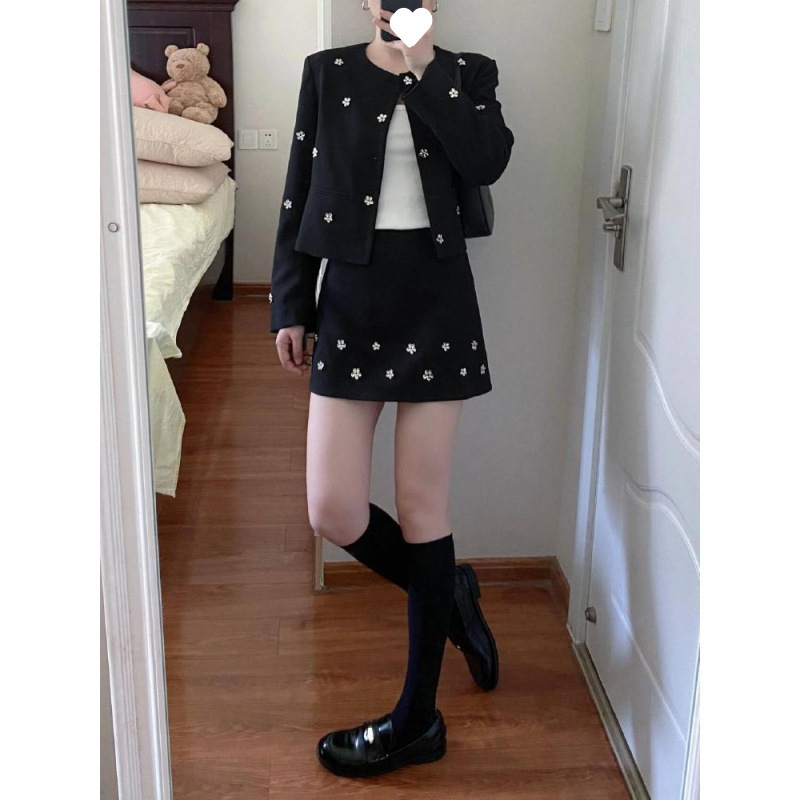 Костюм с пола и жакет за дами, елегантен градски стил, акрилно влакно, диамантена шарка, пролет 2025