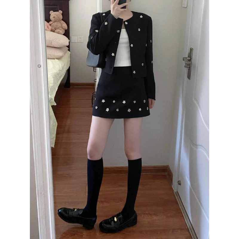 Костюм с пола и жакет за дами, елегантен градски стил, акрилно влакно, диамантена шарка, пролет 2025