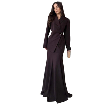 Dievišķs garais kleita komplekts – V kakla izgriezums, garas piedurknes, zivju astes apdare – vasara 2025, poliesters + spandeks (<30% spandeks)