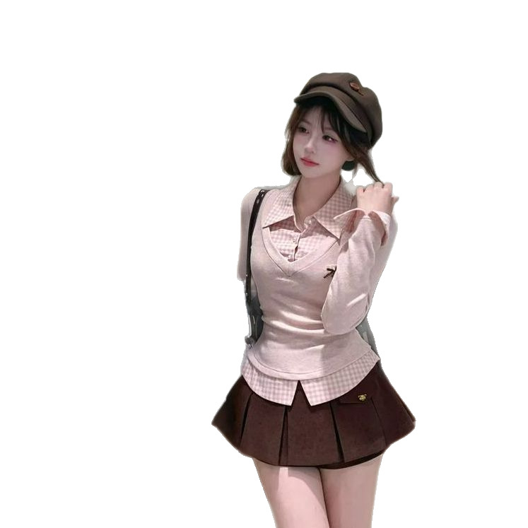 Set dvije komponenti: košulni top i suknja s visokim strukom — jesen 2025, poliester 70–80%, dugi rukavi, šivanje spajanja, djevojački stil