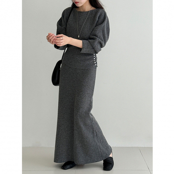 Двупартиен костюм с пола и трикотажен топ, геометричен модел, дълга пола, без гладене, полиестерова тъкан