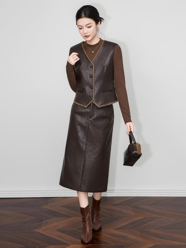 Дамски костюм с пола и безръкавна жилетка: две части, напукана PU кожа, вискозно-полиестерна смес, елегантен градски стил, зима 2025