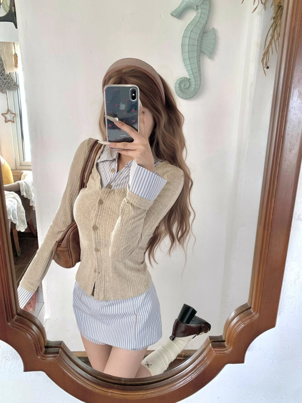 Set two-piece fustă și top pentru femei, toamnă 2025, culoare solidă, poliester, detaliu patchwork, top cu mânecă lungă