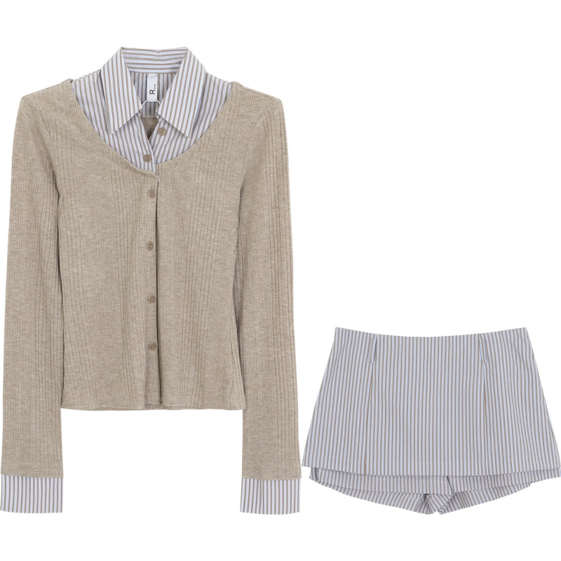 Set two-piece fustă și top pentru femei, toamnă 2025, culoare solidă, poliester, detaliu patchwork, top cu mânecă lungă