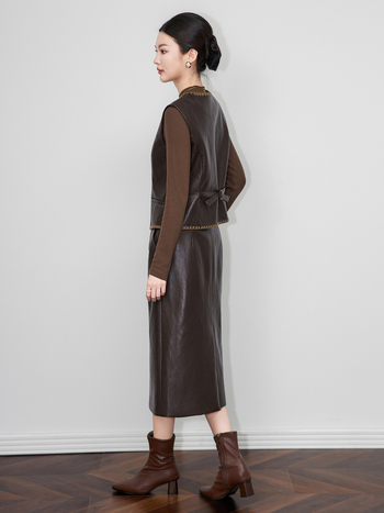 Set feminin din două piese: vestă fără mâneci și fustă midi, din PU crăpat, culoare solidă, fără guler, amestec viscoză-poliester, iarna 2025