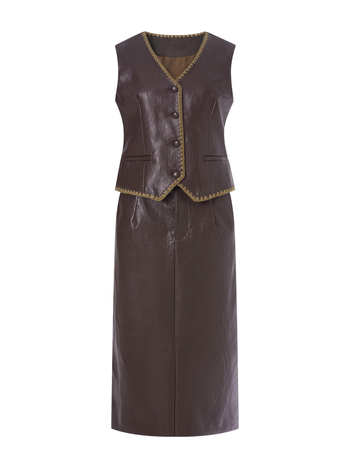 Set feminin din două piese: vestă fără mâneci și fustă midi, din PU crăpat, culoare solidă, fără guler, amestec viscoză-poliester, iarna 2025