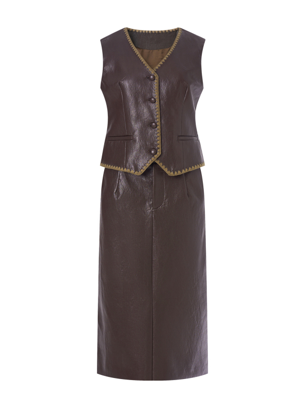 Set feminin din două piese: vestă fără mâneci și fustă midi, din PU crăpat, culoare solidă, fără guler, amestec viscoză-poliester, iarna 2025