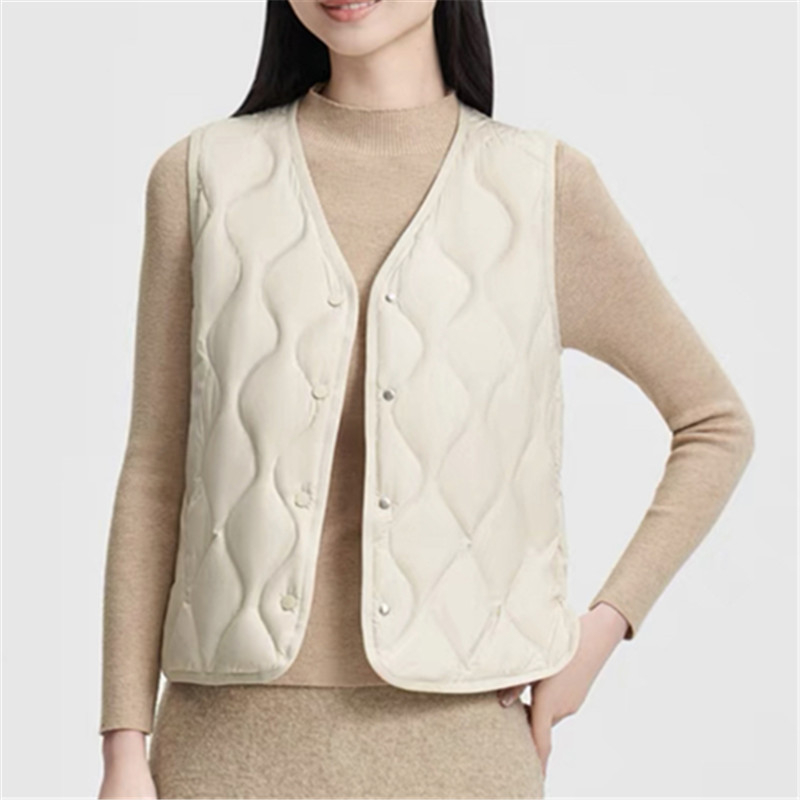 Ženska vesta s V-izrezom, punjenje od perja i pamuka, kardigan-stil, slobodan kroj, duljina 50–65 cm