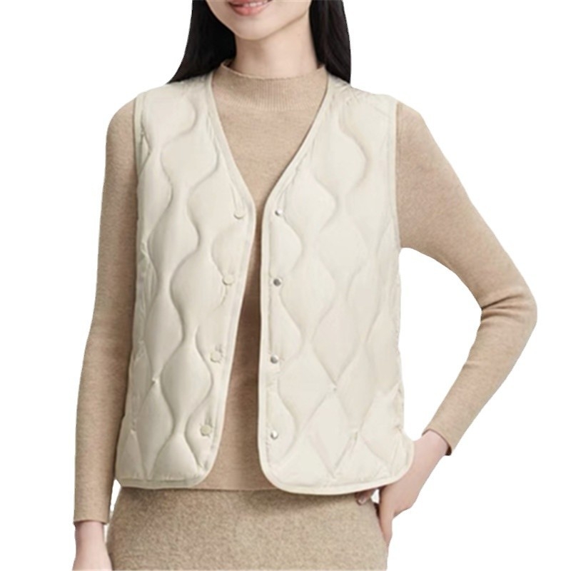 Ženska vesta s V-izrezom, punjenje od perja i pamuka, kardigan-stil, slobodan kroj, duljina 50–65 cm