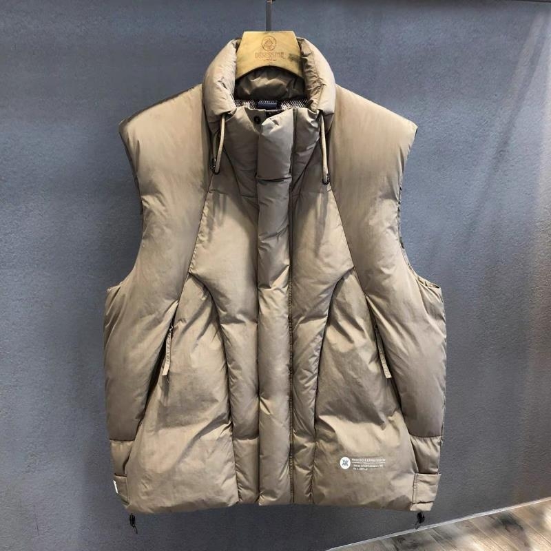 Muška down vesta s kapuljačom, zipom, Corduroy tkanina, stojeći ovratnik, punjenje patkinim perjem