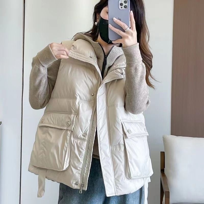 Női pamut mellény, laza szabású, polo gallér, cipzár