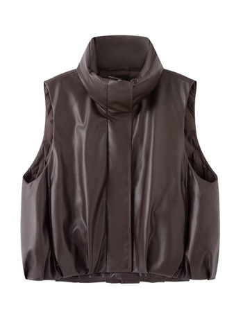 Ženski down vest, PU vanjski dio, bijeli gusji per 86–90%, punjenje 51–100 g, stojeći ovratnik, bez rukava