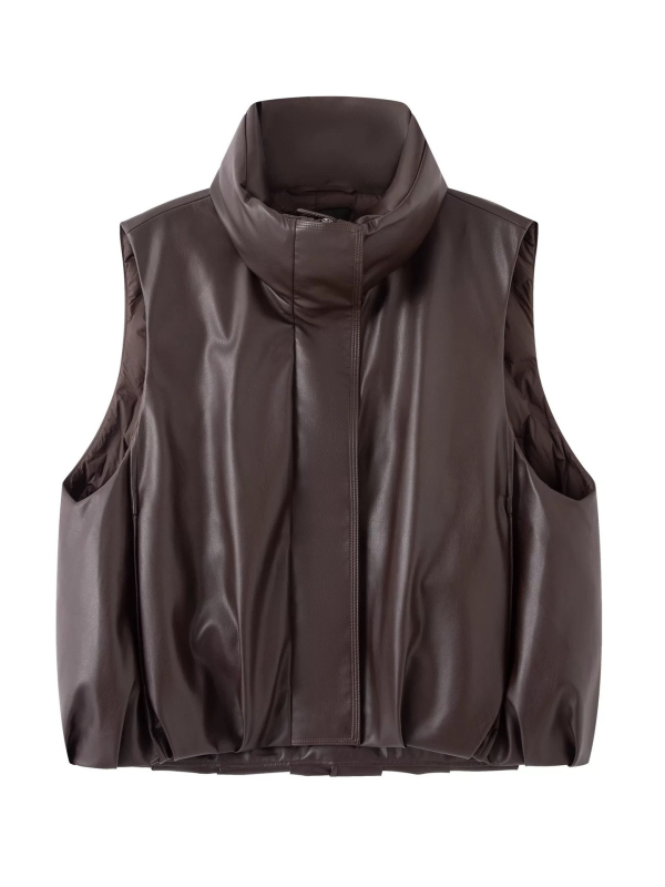 Ženski down vest, PU vanjski dio, bijeli gusji per 86–90%, punjenje 51–100 g, stojeći ovratnik, bez rukava