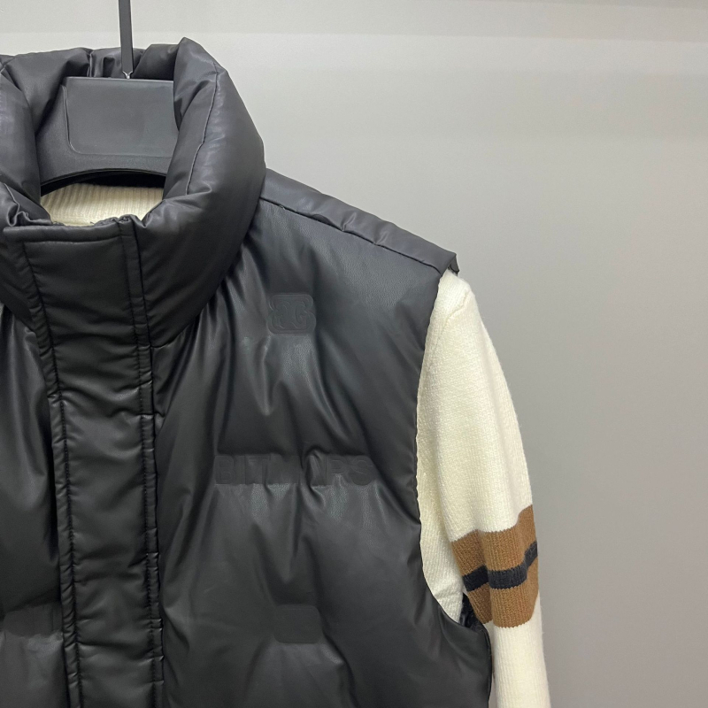 Unisex vesta s perjem, korejskog stila kratka, stojeći ovratnik, 110 punjenja bijelog patka perja, PU koža vanjska