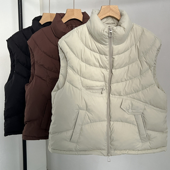 Vesta s perjem od bijele patke, stojeći ovratnik, prednji ziper, uski kroj, proljeće 2025