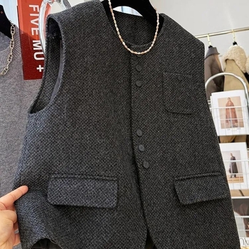 Ženski karirani quiltani vuneni prsluk, 95% vuna, kratka duljina, okrugli ovratnik